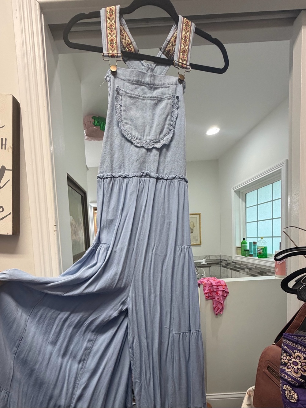 eesome Light Blue Wide-Leg Romper with Patterned Adjustable Straps